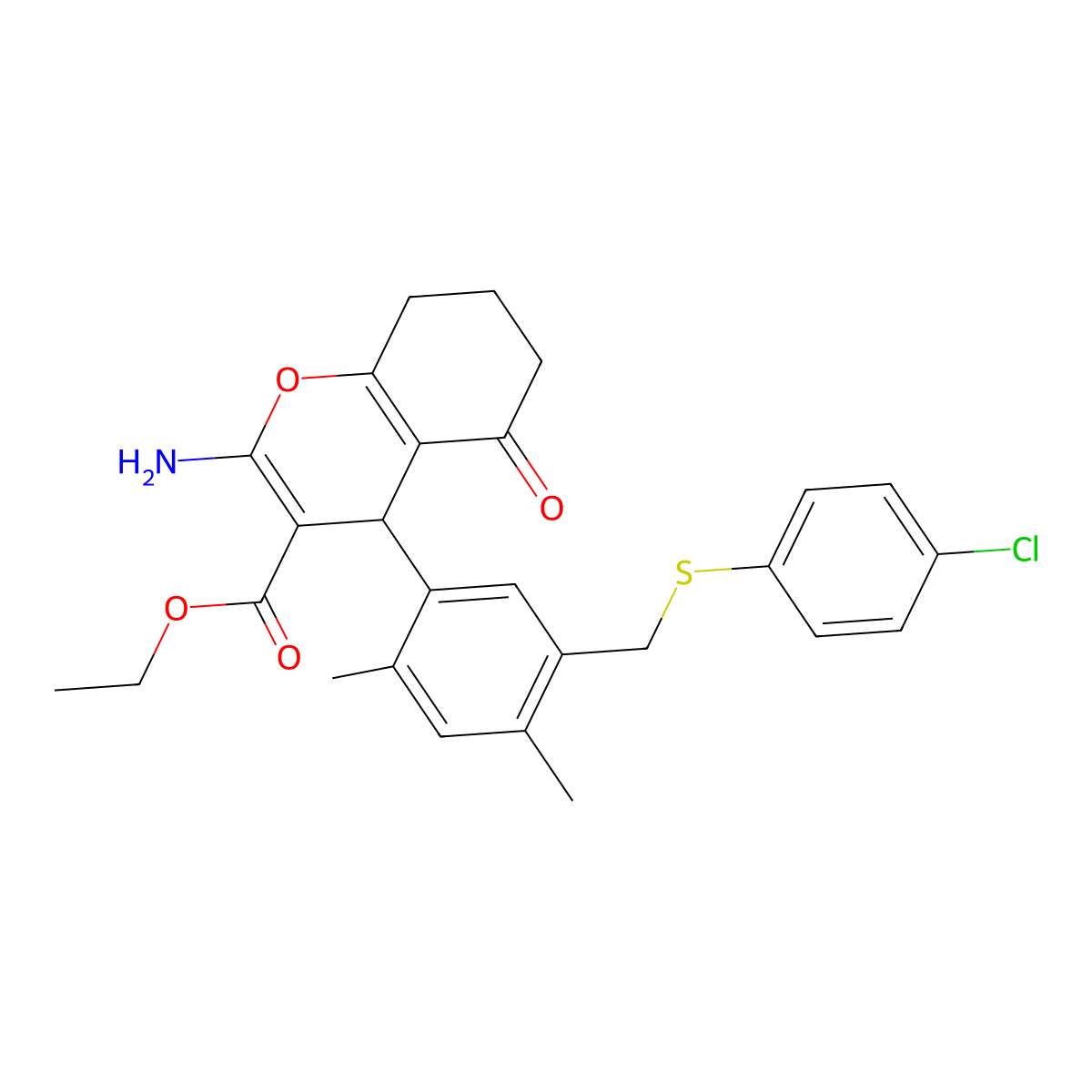 ethyl 2-amino-4-(5-{[(4-chlorophenyl)sulfanyl]methyl}-2,4-dimethylphenyl)-5-oxo-5,6,7,8-tetrahydro-4H-chromene-3-carboxylate molecular structure, CAS 445259-70-1