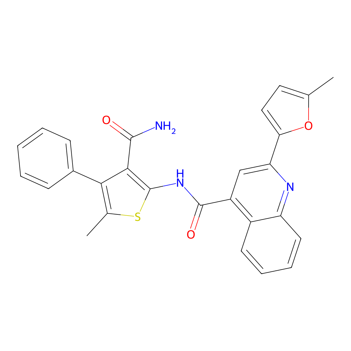 N-(3-carbamoyl-5-methyl-4-phenylthiophen-2-yl)-2-(5-methylfuran-2-yl)quinoline-4-carboxamide molecular structure, CAS 445260-31-1