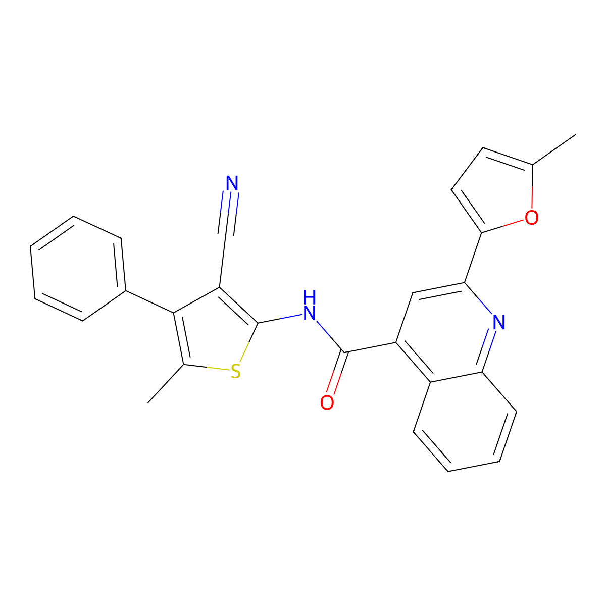 N-(3-cyano-5-methyl-4-phenyl-2-thienyl)-2-(5-methyl-2-furyl)-4-quinolinecarboxamide molecular structure, CAS 445260-33-3