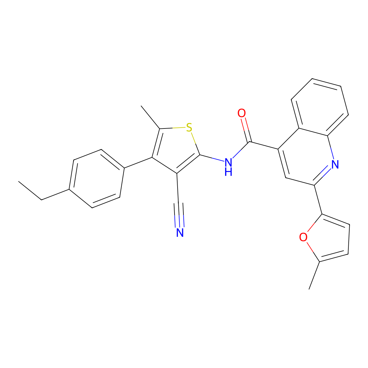 N-[3-cyano-4-(4-ethylphenyl)-5-methylthiophen-2-yl]-2-(5-methylfuran-2-yl)quinoline-4-carboxamide molecular structure, CAS 445260-35-5