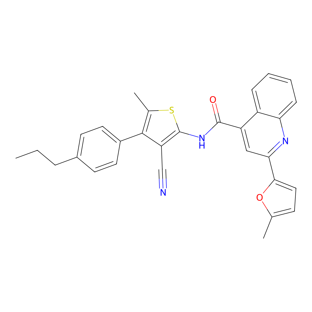 N-[3-cyano-5-methyl-4-(4-propylphenyl)thiophen-2-yl]-2-(5-methylfuran-2-yl)quinoline-4-carboxamide molecular structure, CAS 445260-36-6