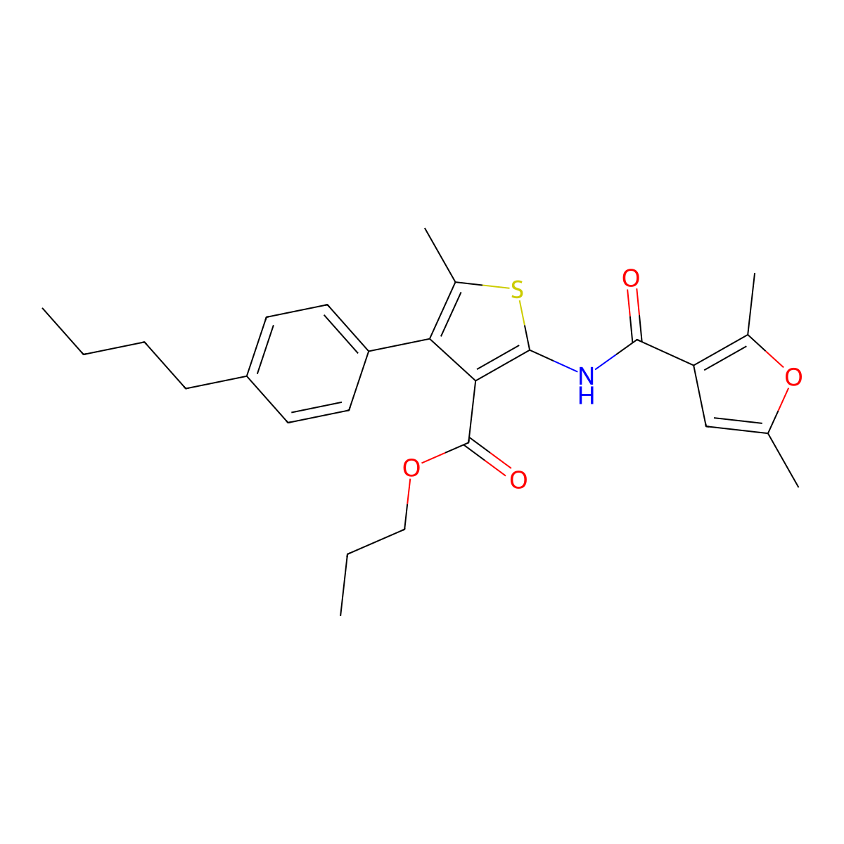 Propyl 4-(4-butylphenyl)-2-[(2,5-dimethyl-3-furoyl)amino]-5-methyl-3-thiophenecarboxylate molecular structure, CAS 445260-37-7
