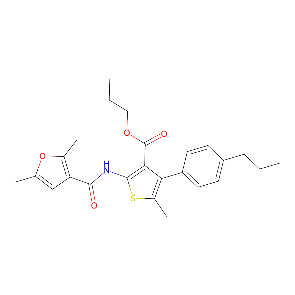 Propyl 2-[(2,5-dimethyl-3-furoyl)amino]-5-methyl-4-(4-propylphenyl)-3-thiophenecarboxylate molecular structure, CAS 445260-38-8