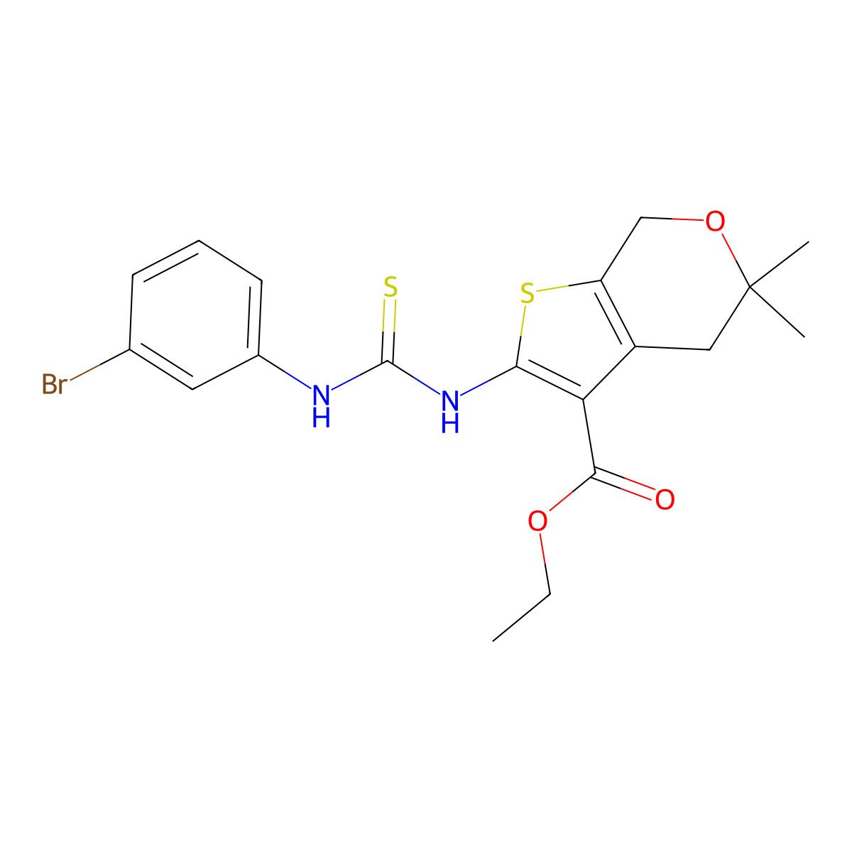 Ethyl 2-[(3-bromophenyl)carbamothioylamino]-5,5-dimethyl-4,7-dihydrothieno[2,3-c]pyran-3-carboxylate molecular structure, CAS 445262-27-1