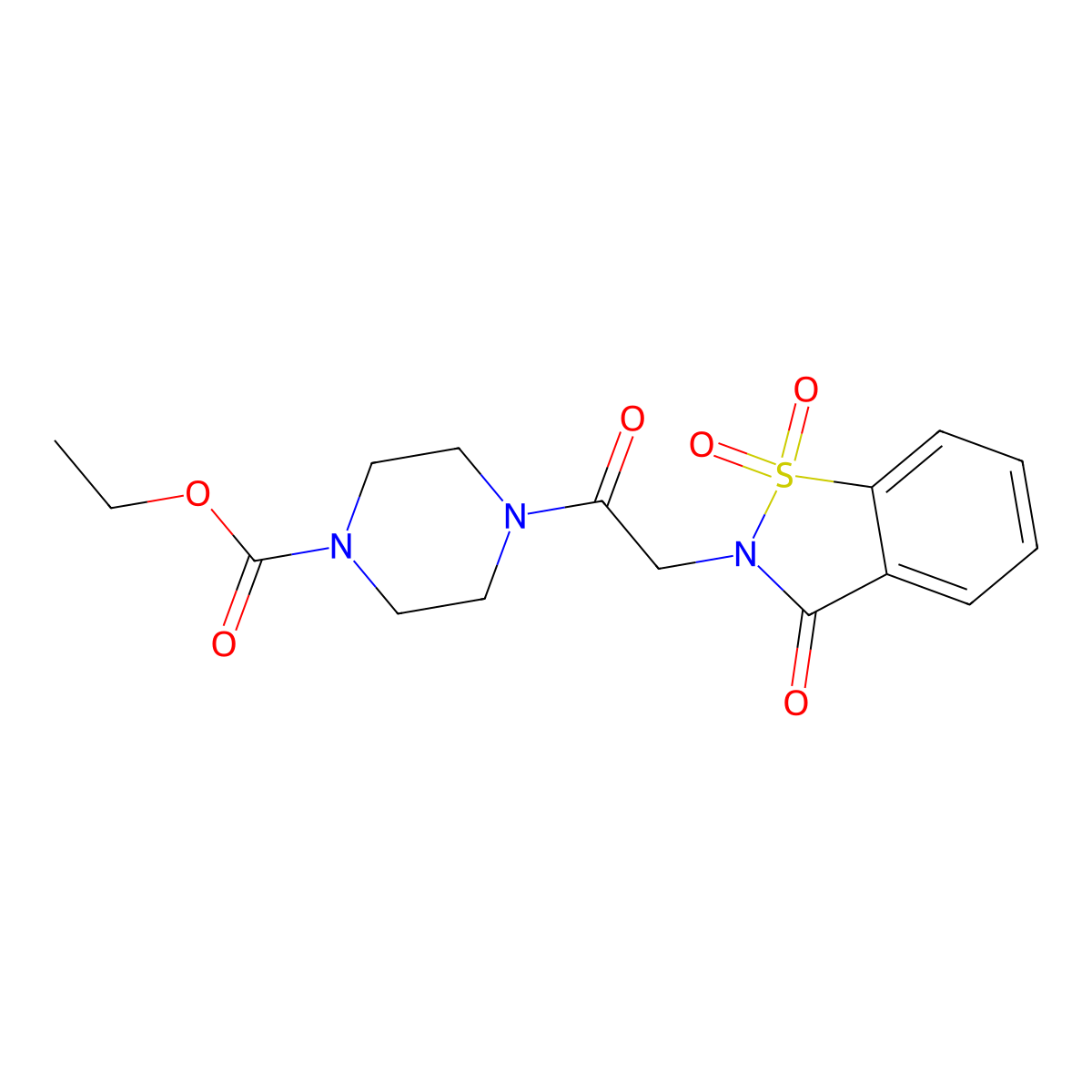 ethyl 4-(2-(1,1-dioxido-3-oxobenzo[d]isothiazol-2(3H)-yl)acetyl)piperazine-1-carboxylate molecular structure, CAS 445265-08-7