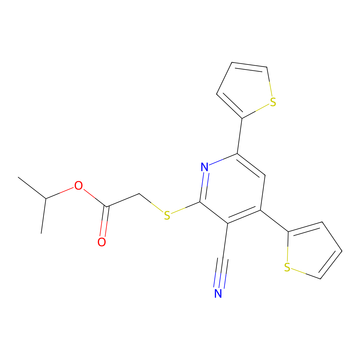 Propan-2-yl 2-(3-cyano-4,6-dithiophen-2-ylpyridin-2-yl)sulfanylacetate molecular structure, CAS 445265-55-4