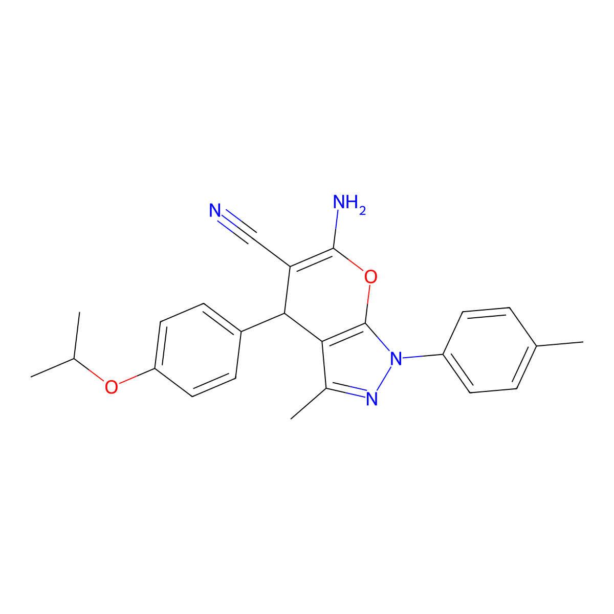 6-amino-3-methyl-1-(4-methylphenyl)-4-(4-propan-2-yloxyphenyl)-4H-pyrano[2,3-c]pyrazole-5-carbonitrile molecular structure, CAS 445265-57-6