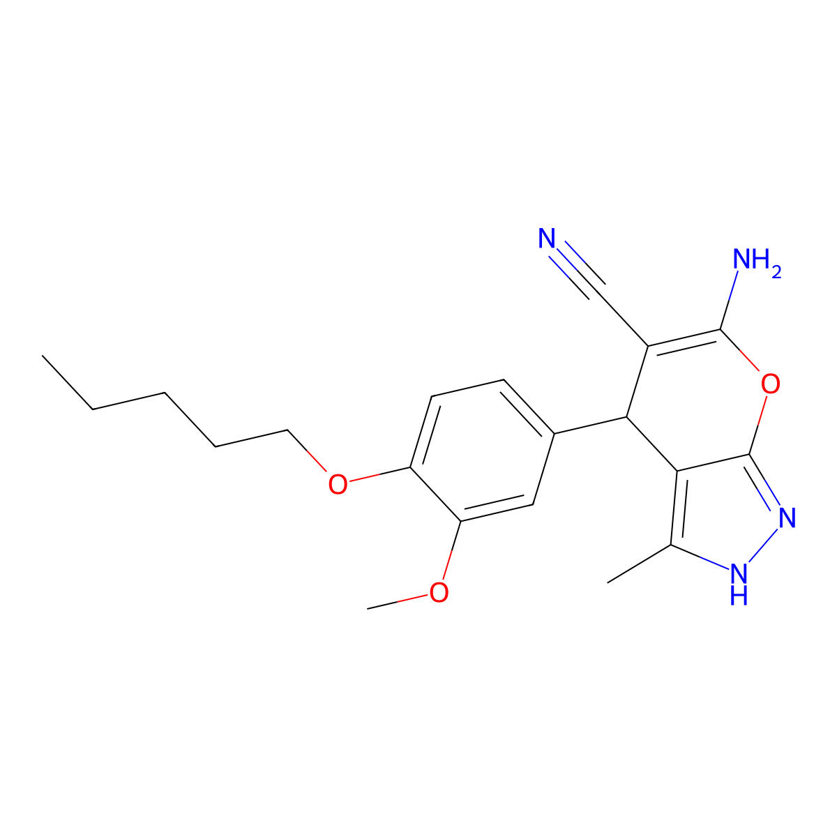 6-Amino-4-(3-methoxy-4-pentoxyphenyl)-3-methyl-2,4-dihydropyrano[2,3-c]pyrazole-5-carbonitrile molecular structure, CAS 445265-58-7