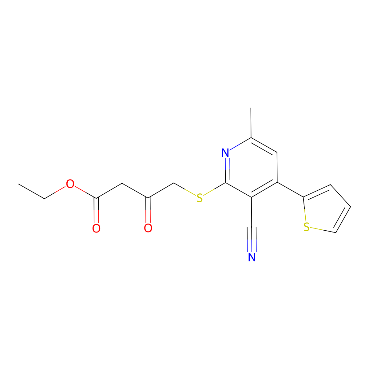 Ethyl 4-((3-cyano-6-methyl-4-(thiophen-2-yl)pyridin-2-yl)thio)-3-oxobutanoate molecular structure, CAS 445265-65-6