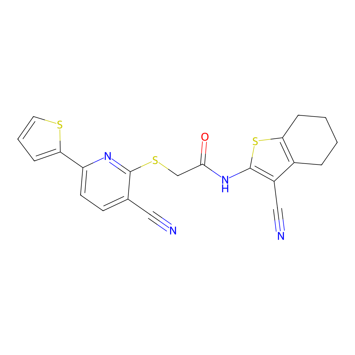 N-(3-cyano-4,5,6,7-tetrahydro-1-benzothiophen-2-yl)-2-(3-cyano-6-thiophen-2-ylpyridin-2-yl)sulfanylacetamide molecular structure, CAS 445265-66-7