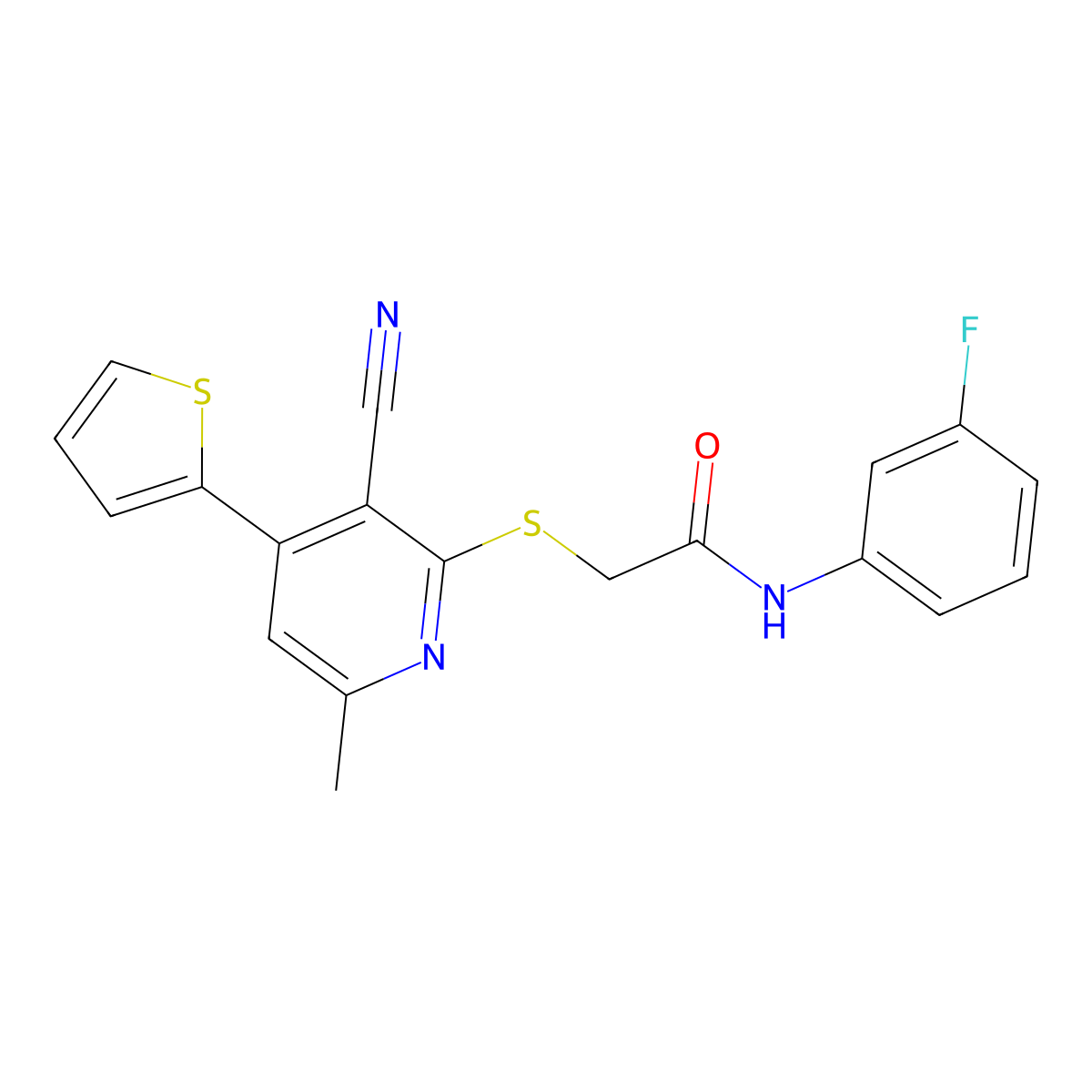 2-(3-cyano-6-methyl-4-thiophen-2-ylpyridin-2-yl)sulfanyl-N-(3-fluorophenyl)acetamide molecular structure, CAS 445265-70-3