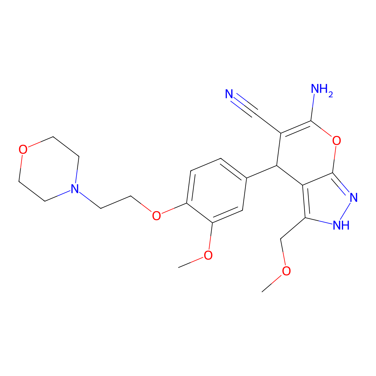 6-Amino-3-(methoxymethyl)-4-[3-methoxy-4-(2-morpholin-4-ylethoxy)phenyl]-2,4-dihydropyrano[2,3-c]pyrazole-5-carbonitrile molecular structure, CAS 445265-71-4