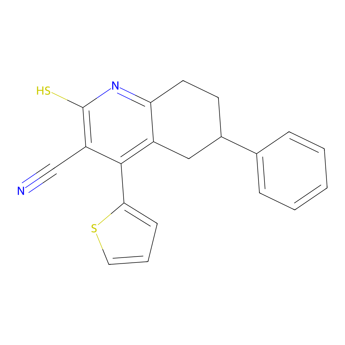 6-phenyl-2-sulfanylidene-4-thiophen-2-yl-5,6,7,8-tetrahydro-1H-quinoline-3-carbonitrile molecular structure, CAS 445265-75-8