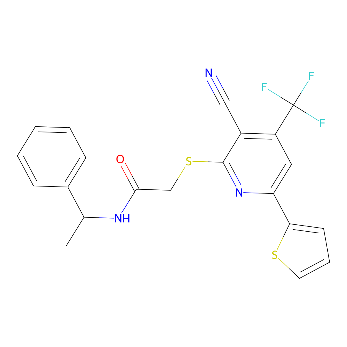 2-[3-cyano-6-thiophen-2-yl-4-(trifluoromethyl)pyridin-2-yl]sulfanyl-N-(1-phenylethyl)acetamide molecular structure, CAS 445265-83-8