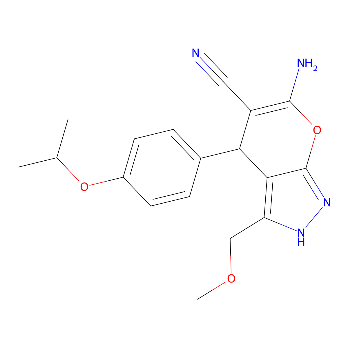 6-Amino-4-(4-isopropoxyphenyl)-3-(methoxymethyl)-2,4-dihydropyrano[2,3-c]pyrazole-5-carbonitrile molecular structure, CAS 445265-85-0