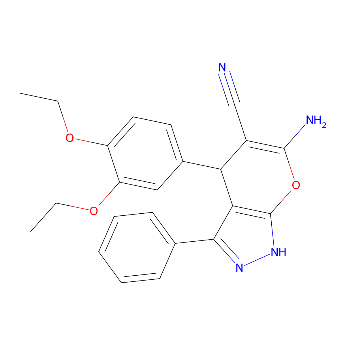 6-Amino-4-(3,4-diethoxyphenyl)-3-phenyl-1,4-dihydropyrano[2,3-c]pyrazole-5-carbonitrile molecular structure, CAS 445265-88-3