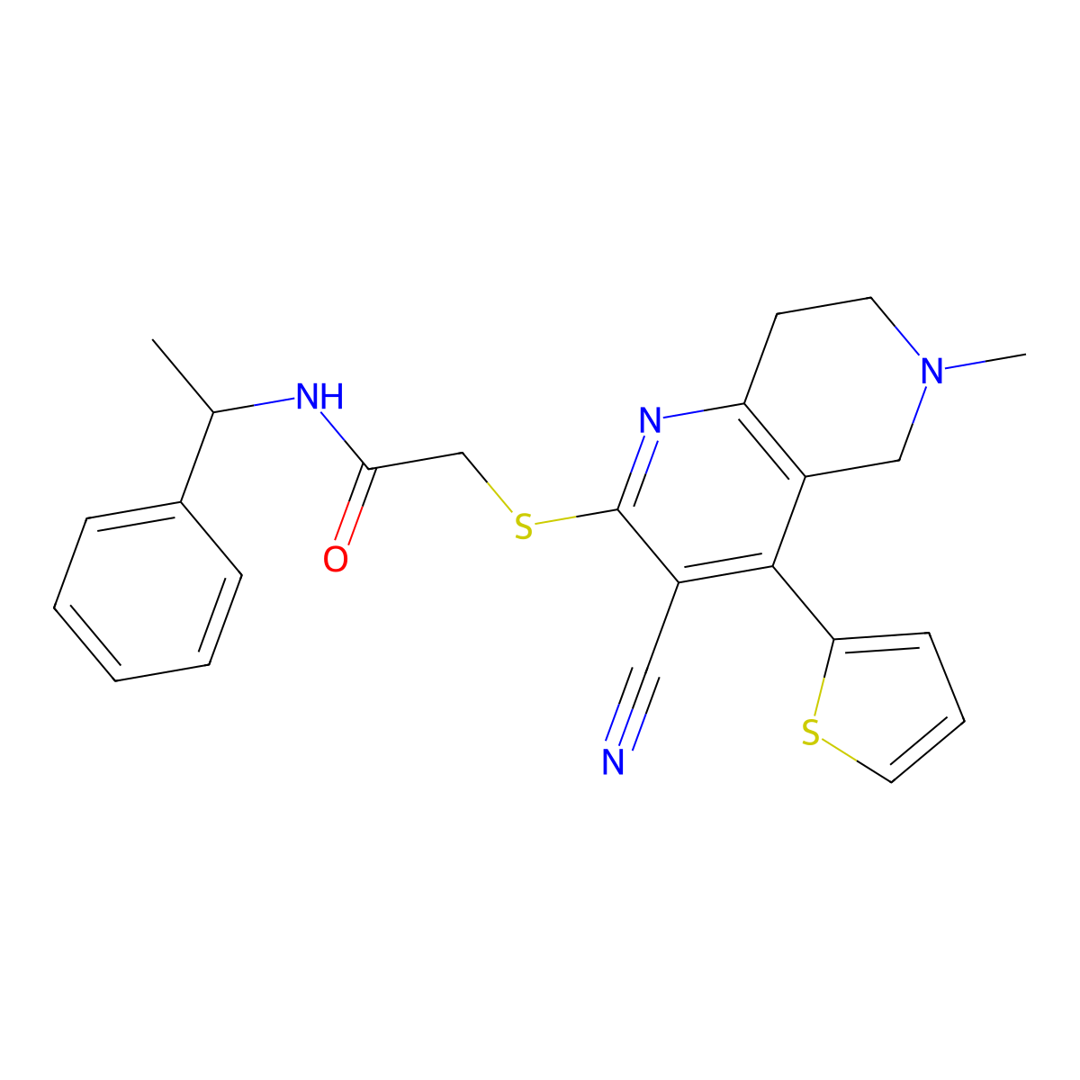 2-{[3-cyano-6-methyl-4-(2-thienyl)-5,6,7,8-tetrahydro[1,6]naphthyridin-2-yl]sulfanyl}-N-(1-phenylethyl)acetamide molecular structure, CAS 445265-89-4