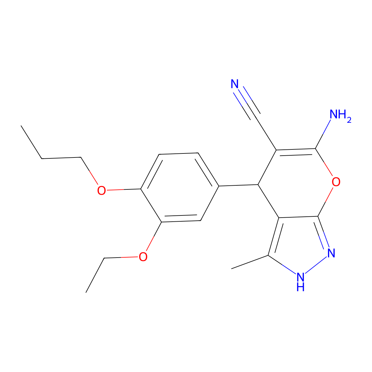 6-Amino-4-(3-ethoxy-4-propoxyphenyl)-3-methyl-2,4-dihydropyrano[2,3-c]pyrazole-5-carbonitrile molecular structure, CAS 445265-90-7