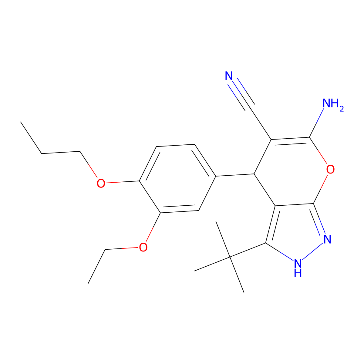6-Amino-3-(1,1-dimethylethyl)-4-[3-(ethyloxy)-4-(propyloxy)phenyl]-1,4-dihydropyrano[2,3-c]pyrazole-5-carbonitrile molecular structure, CAS 445265-91-8