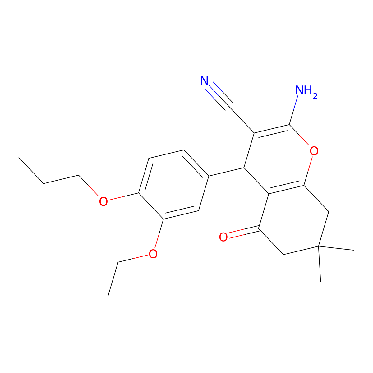 2-amino-4-[3-(ethyloxy)-4-(propyloxy)phenyl]-7,7-dimethyl-5-oxo-5,6,7,8-tetrahydro-4H-chromene-3-carbonitrile molecular structure, CAS 445265-93-0