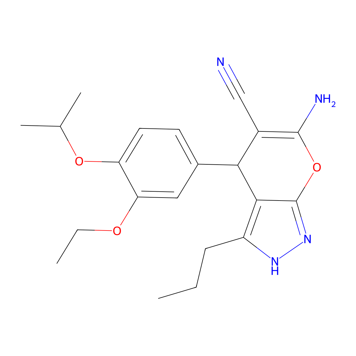 6-Amino-4-{3-(ethyloxy)-4-[(1-methylethyl)oxy]phenyl}-3-propyl-1,4-dihydropyrano[2,3-c]pyrazole-5-carbonitrile molecular structure, CAS 445266-06-8
