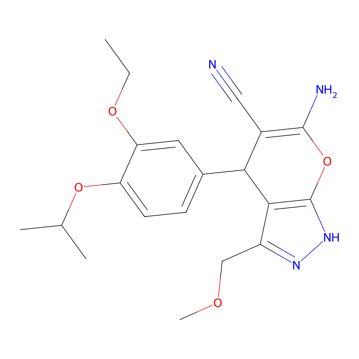 6-Amino-4-(3-ethoxy-4-isopropoxyphenyl)-3-(methoxymethyl)-1,4-dihydropyrano[2,3-c]pyrazole-5-carbonitrile molecular structure, CAS 445266-07-9