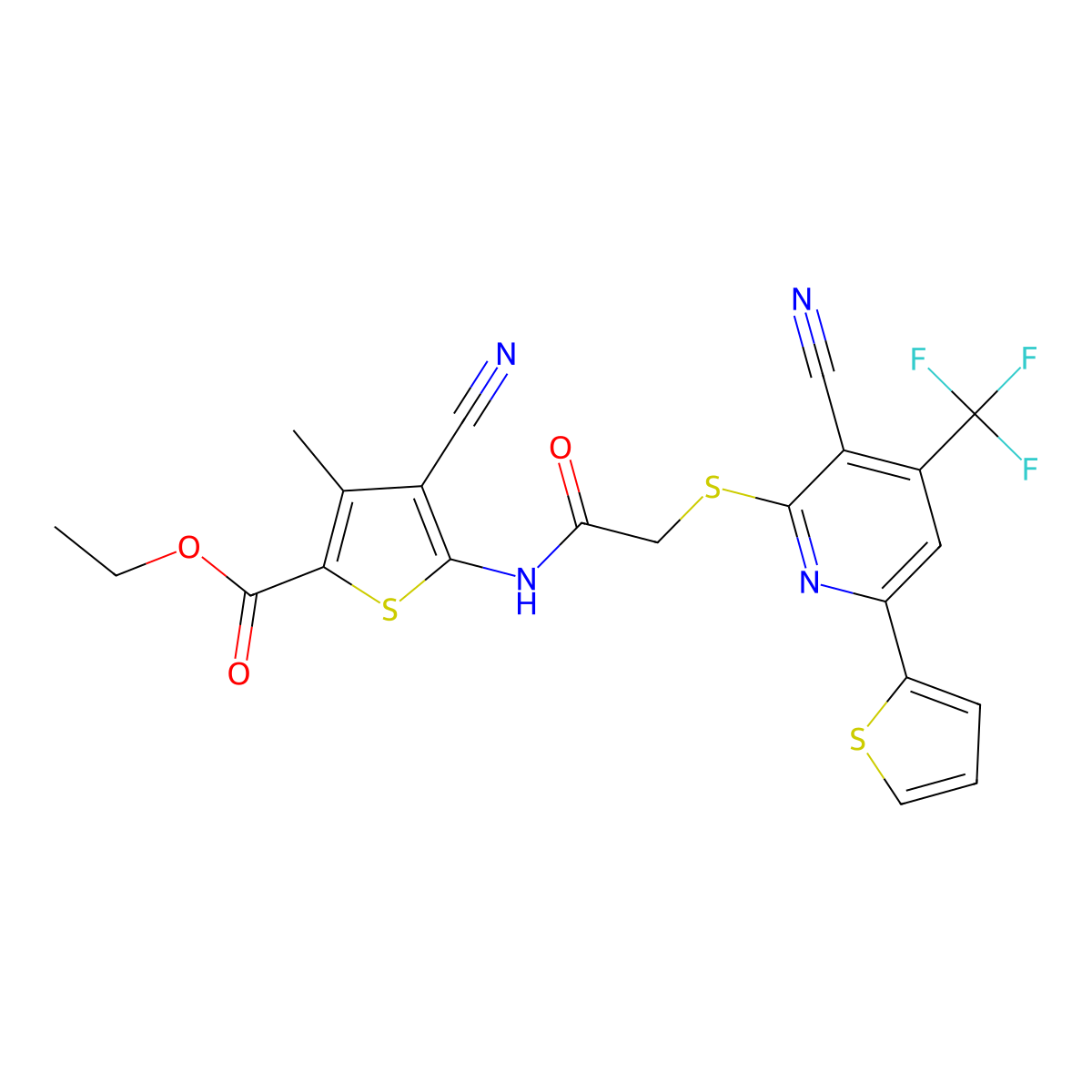 Ethyl 4-cyano-5-[[2-[3-cyano-6-thiophen-2-yl-4-(trifluoromethyl)pyridin-2-yl]sulfanylacetyl]amino]-3-methylthiophene-2-carboxylate molecular structure, CAS 445266-12-6