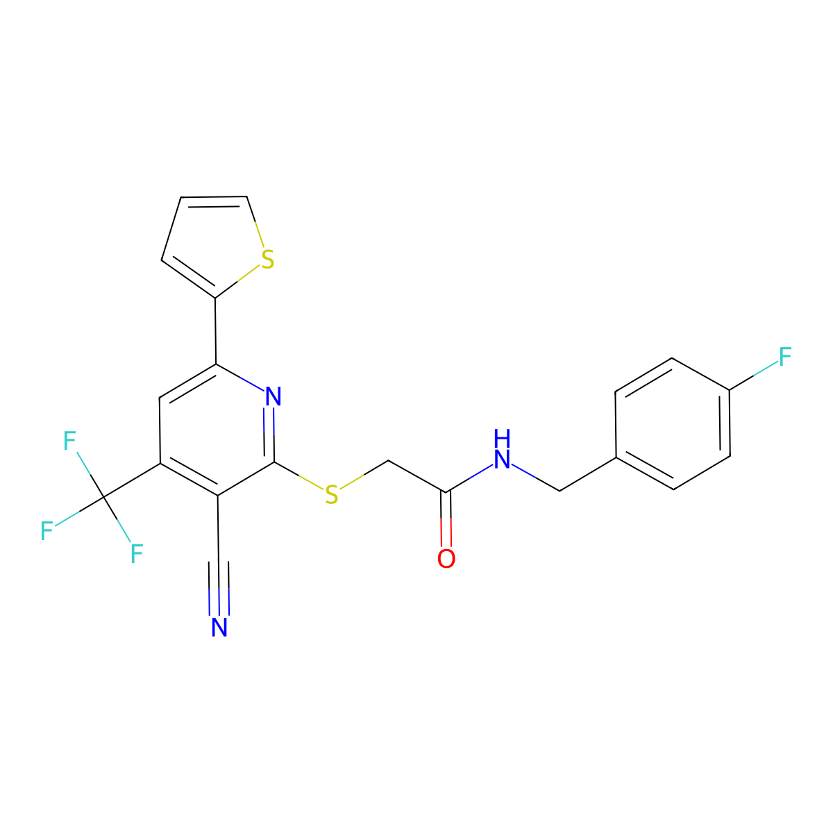 2-[3-cyano-6-thiophen-2-yl-4-(trifluoromethyl)pyridin-2-yl]sulfanyl-N-[(4-fluorophenyl)methyl]acetamide molecular structure, CAS 445266-19-3