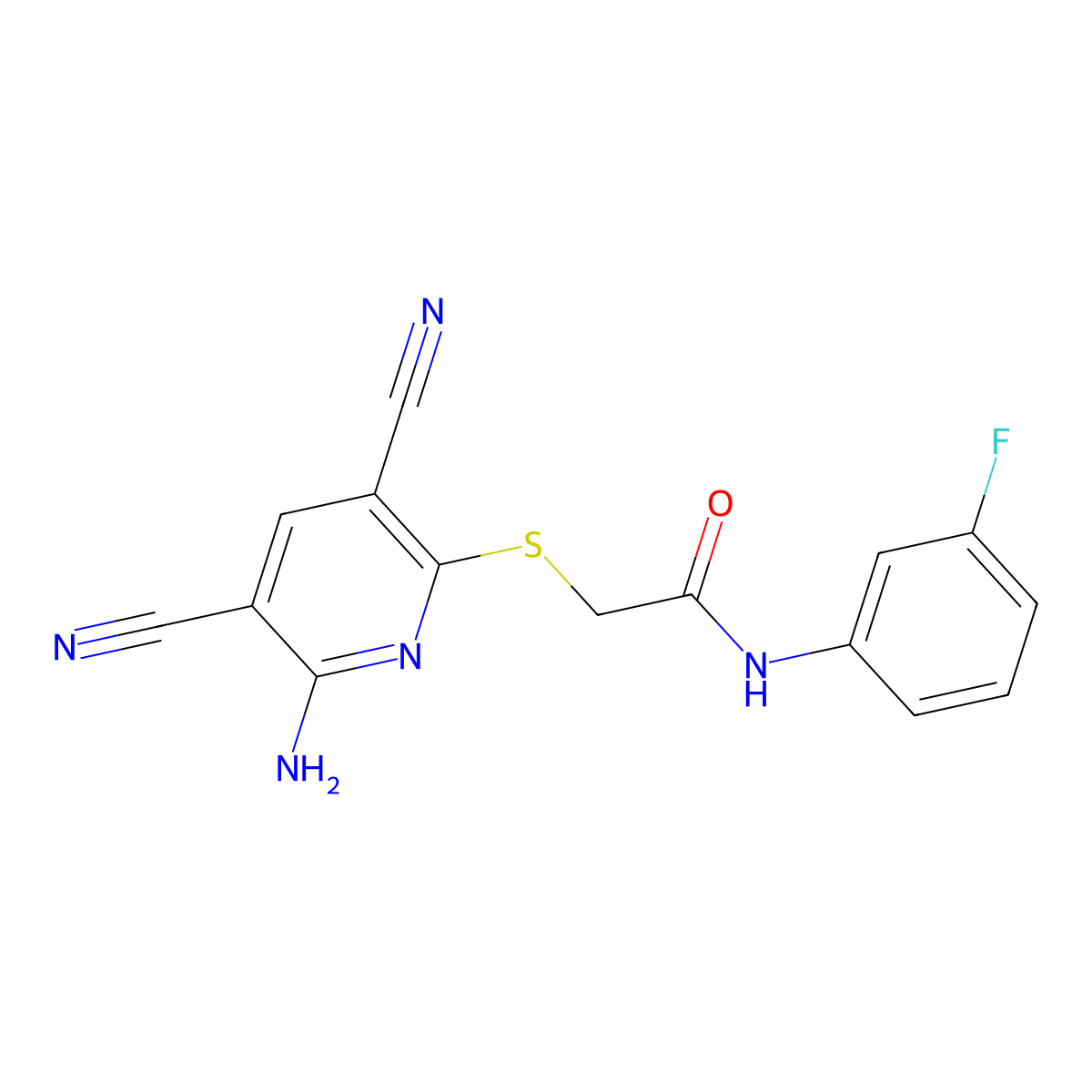 2-(6-amino-3,5-dicyanopyridin-2-yl)sulfanyl-N-(3-fluorophenyl)acetamide molecular structure, CAS 445266-20-6