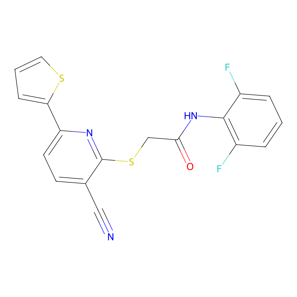 2-(3-cyano-6-thiophen-2-ylpyridin-2-yl)sulfanyl-N-(2,6-difluorophenyl)acetamide molecular structure, CAS 445266-24-0