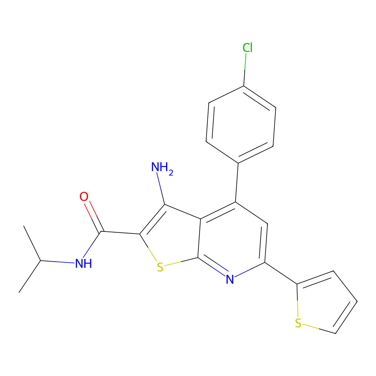 3-amino-4-(4-chlorophenyl)-N-propan-2-yl-6-thiophen-2-ylthieno[2,3-b]pyridine-2-carboxamide molecular structure, CAS 445266-25-1