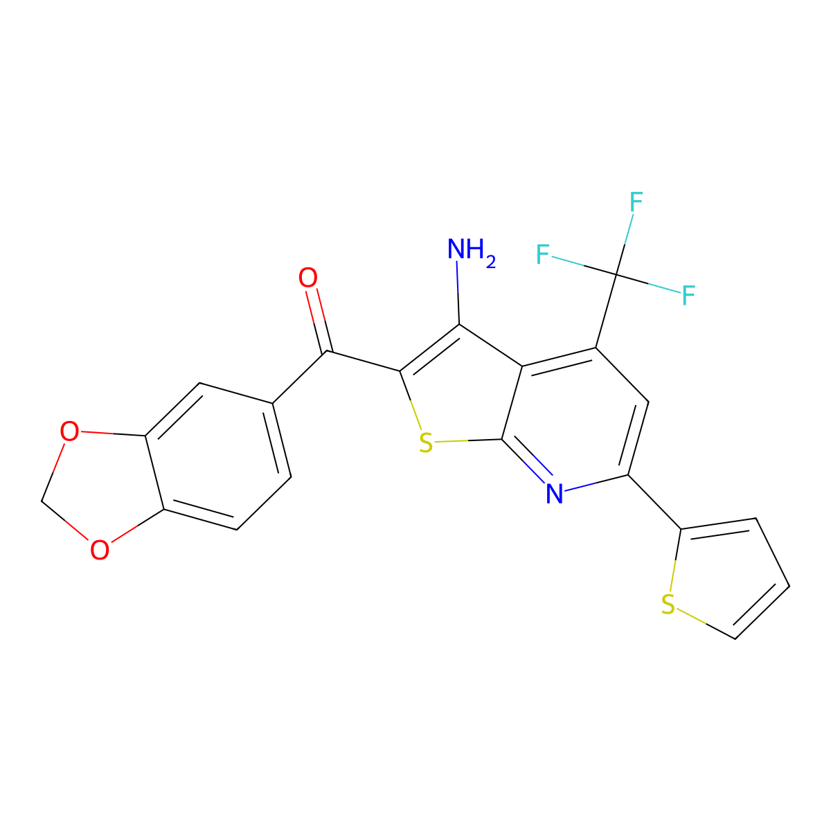 [3-Amino-6-thiophen-2-yl-4-(trifluoromethyl)thieno[2,3-b]pyridin-2-yl]-(1,3-benzodioxol-5-yl)methanone molecular structure, CAS 445266-36-4