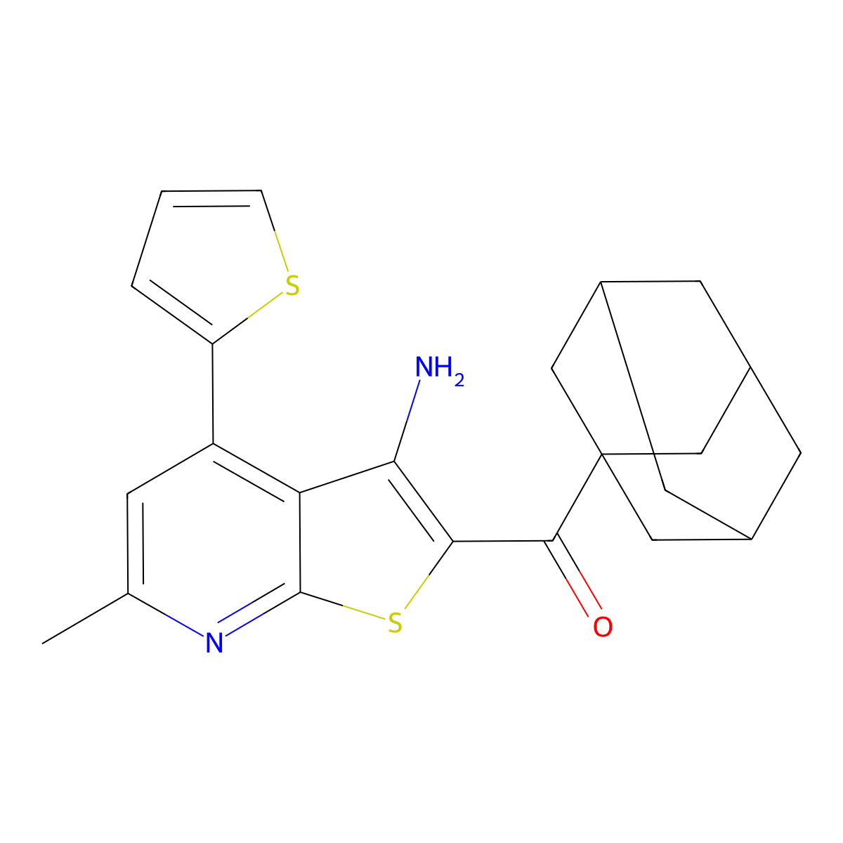 1-Adamantyl-(3-amino-6-methyl-4-thiophen-2-ylthieno[2,3-b]pyridin-2-yl)methanone molecular structure, CAS 445266-38-6