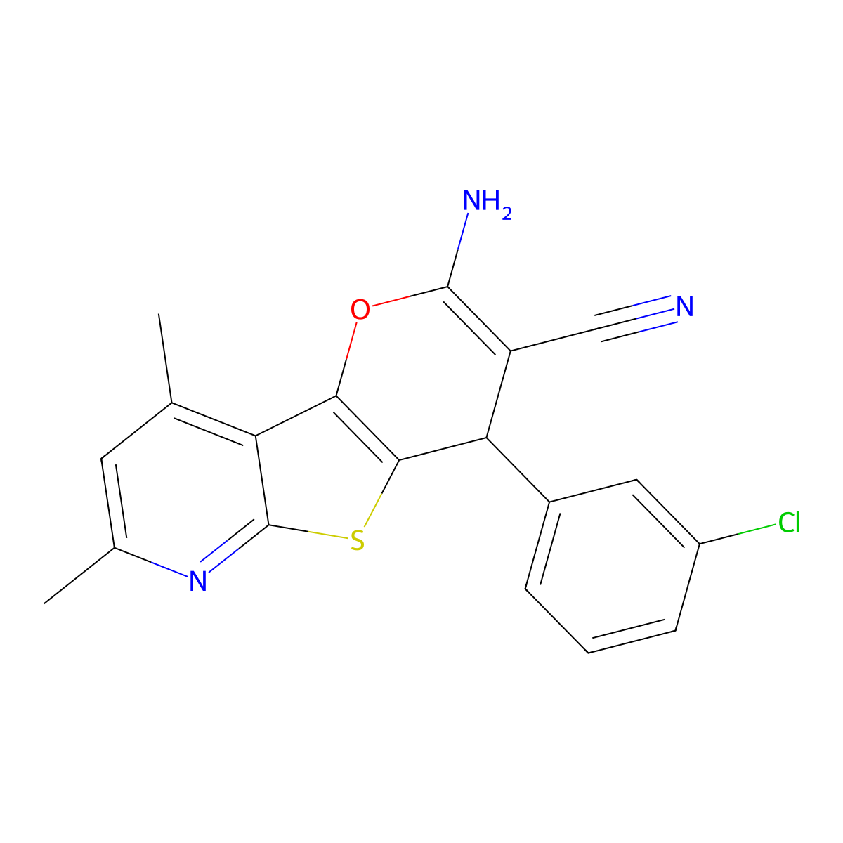 2-amino-4-(3-chlorophenyl)-7,9-dimethyl-4H-pyrano[2',3':4,5]thieno[2,3-b]pyridine-3-carbonitrile molecular structure, CAS 445266-49-9