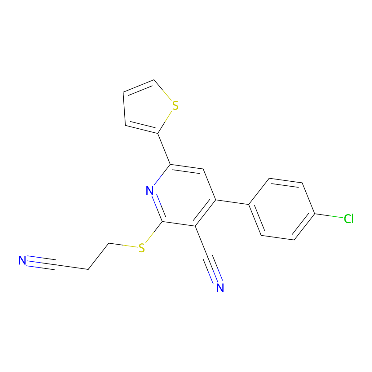4-(4-Chlorophenyl)-2-(2-cyanoethylsulfanyl)-6-thiophen-2-ylpyridine-3-carbonitrile molecular structure, CAS 445266-51-3
