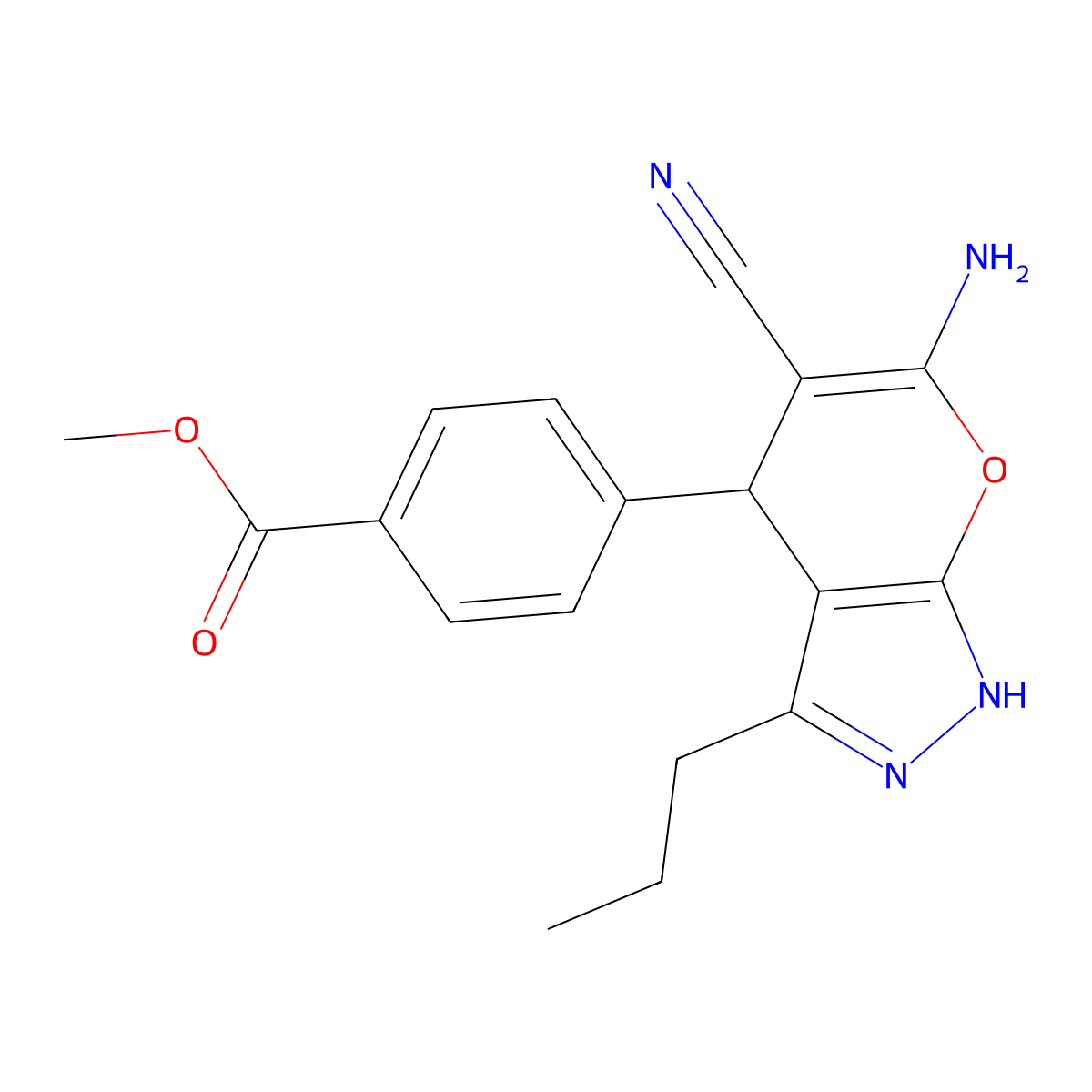 Methyl 4-(6-amino-5-cyano-3-propyl-2,4-dihydropyrano[2,3-c]pyrazol-4-yl)benzoate molecular structure, CAS 445266-54-6