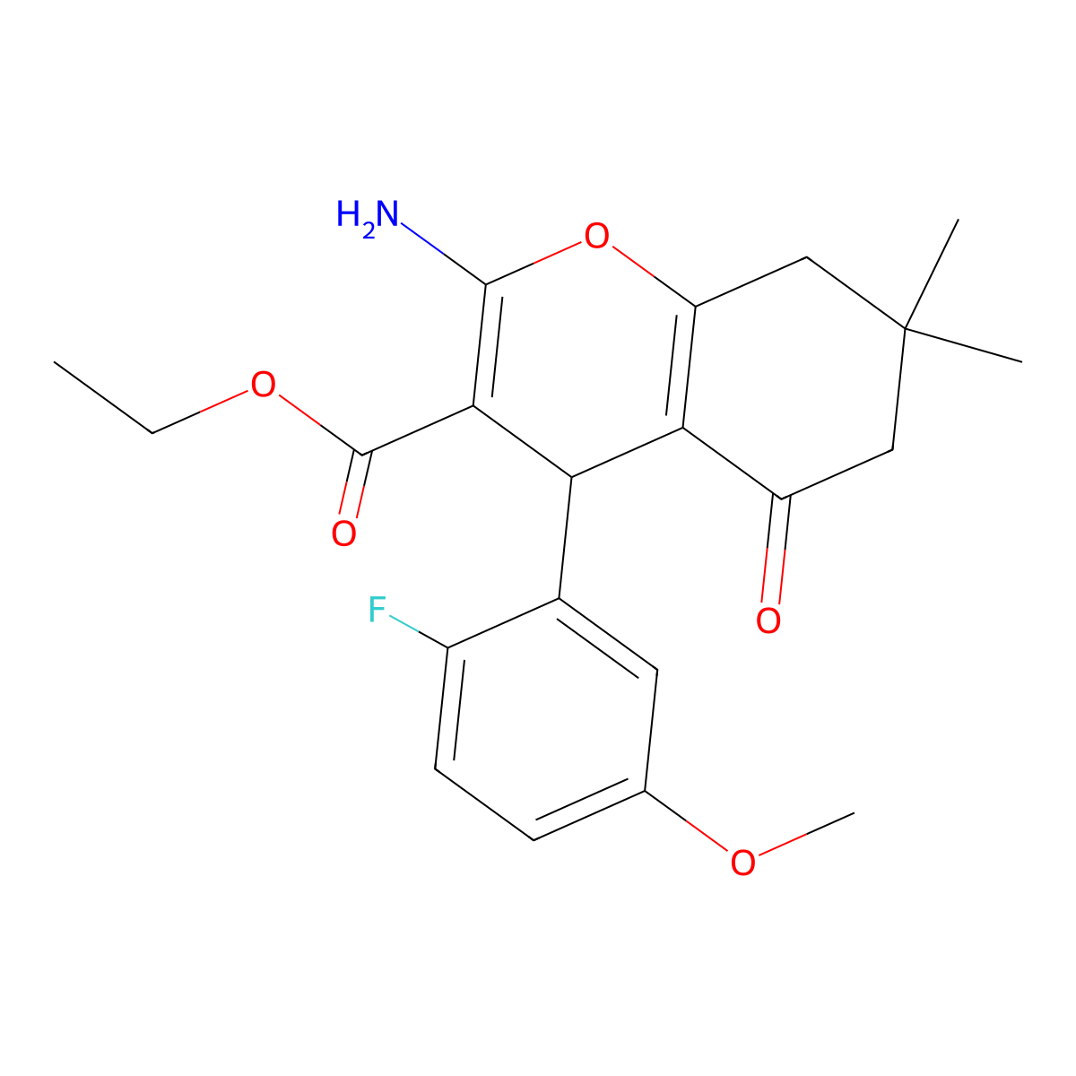 ethyl 2-amino-4-(2-fluoro-5-methoxyphenyl)-7,7-dimethyl-5-oxo-5,6,7,8-tetrahydro-4H-chromene-3-carboxylate molecular structure, CAS 445266-56-8