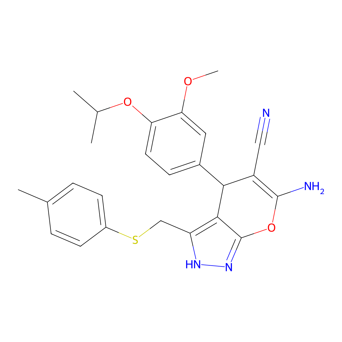 6-Amino-4-(3-methoxy-4-propan-2-yloxyphenyl)-3-[(4-methylphenyl)sulfanylmethyl]-2,4-dihydropyrano[2,3-c]pyrazole-5-carbonitrile molecular structure, CAS 445266-62-6