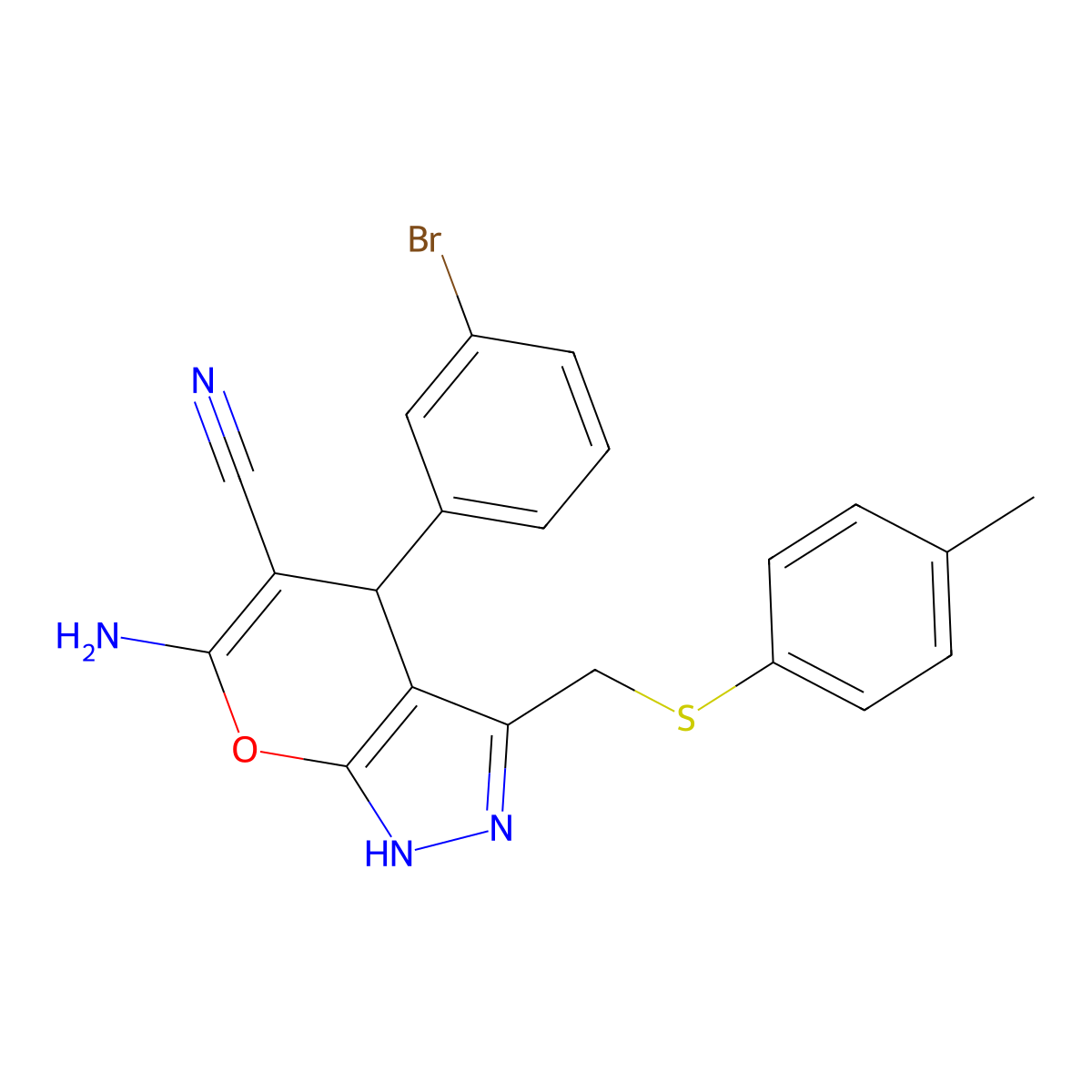 6-Amino-4-(3-bromophenyl)-3-[(4-methylphenyl)sulfanylmethyl]-2,4-dihydropyrano[2,3-c]pyrazole-5-carbonitrile molecular structure, CAS 445266-64-8