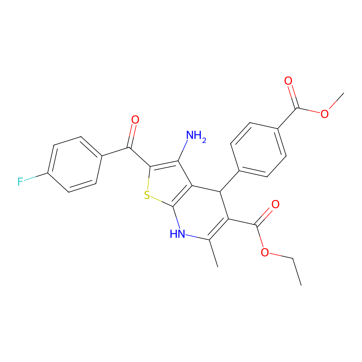 Ethyl 3-amino-2-(4-fluorobenzoyl)-4-(4-methoxycarbonylphenyl)-6-methyl-4,7-dihydrothieno[2,3-b]pyridine-5-carboxylate molecular structure, CAS 445266-67-1