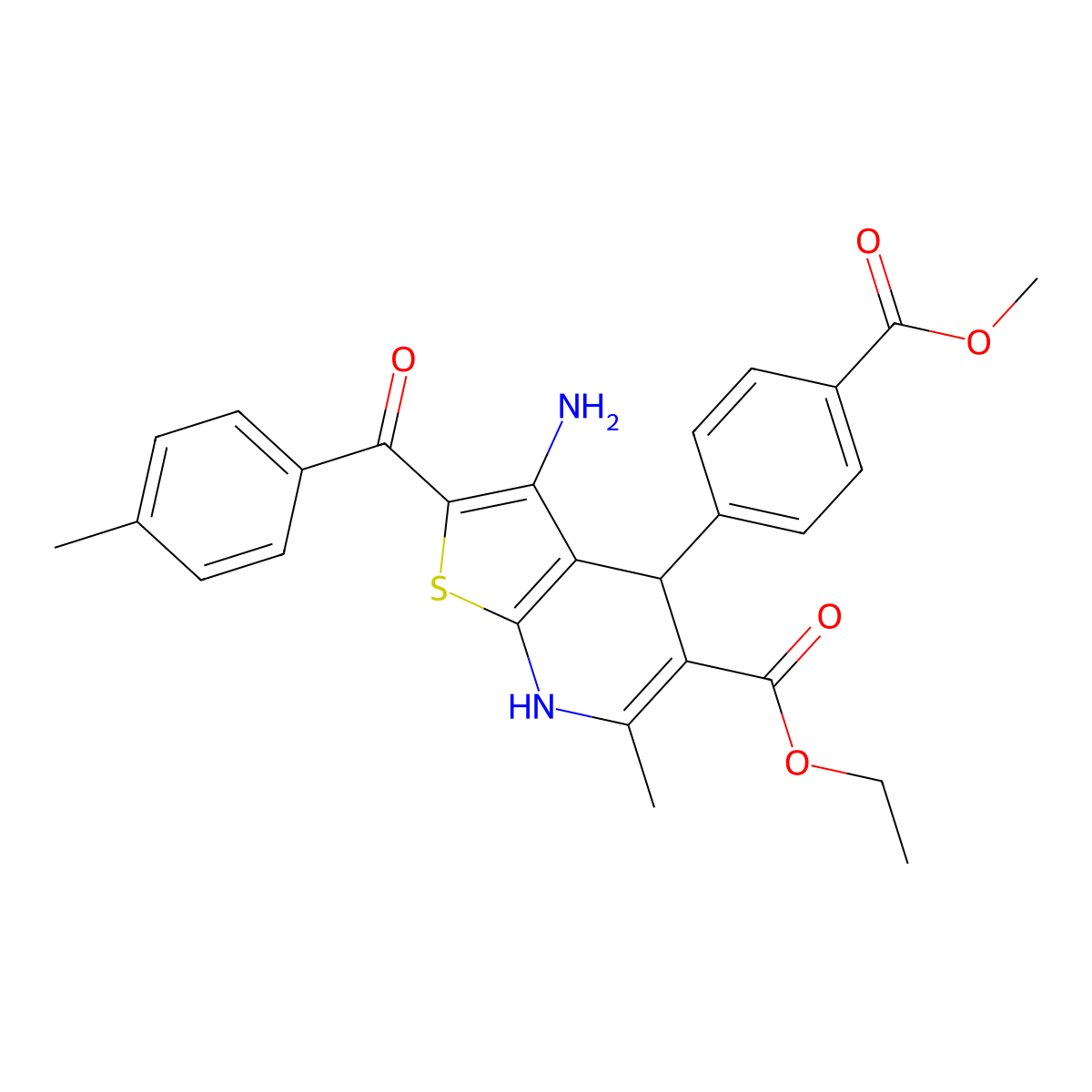 Ethyl 3-amino-4-(4-methoxycarbonylphenyl)-6-methyl-2-(4-methylbenzoyl)-4,7-dihydrothieno[2,3-b]pyridine-5-carboxylate molecular structure, CAS 445266-68-2