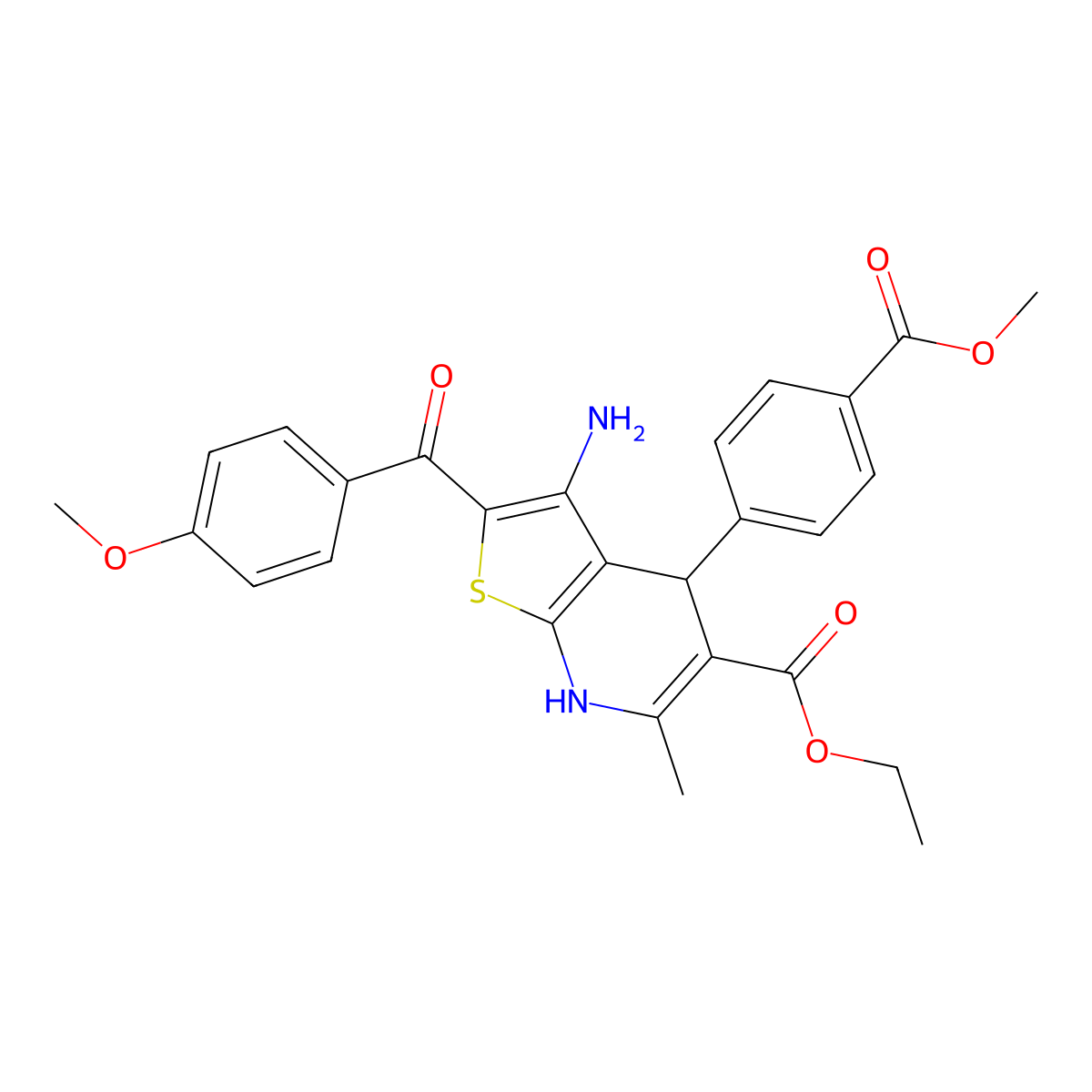 Ethyl 3-amino-2-(4-methoxybenzoyl)-4-(4-methoxycarbonylphenyl)-6-methyl-4,7-dihydrothieno[2,3-b]pyridine-5-carboxylate molecular structure, CAS 445266-69-3