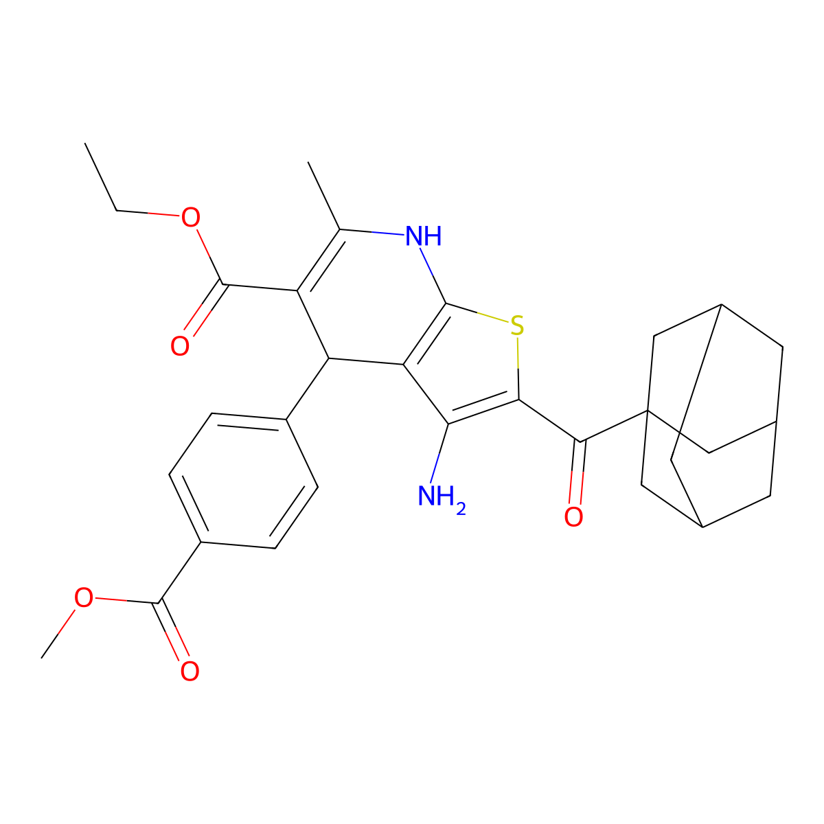 Ethyl 2-(adamantane-1-carbonyl)-3-amino-4-(4-methoxycarbonylphenyl)-6-methyl-4,7-dihydrothieno[2,3-b]pyridine-5-carboxylate molecular structure, CAS 445266-71-7
