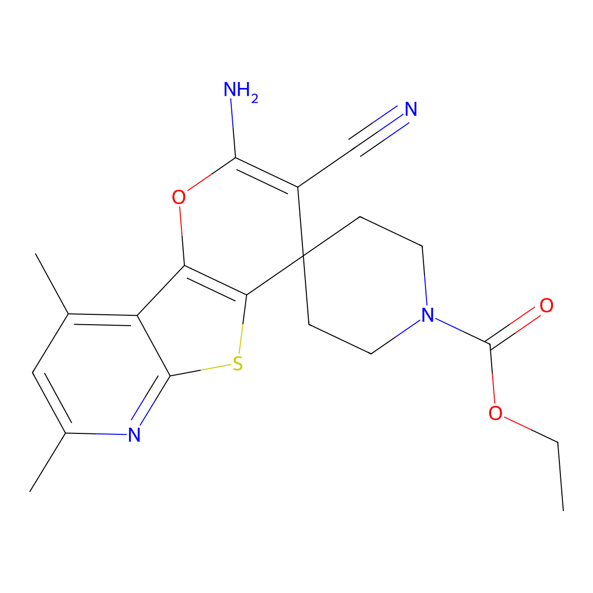 Ethyl 2'-amino-3'-cyano-7',9'-dimethylspiro[piperidine-4,4'-pyrano[2',3':4,5]thieno[2,3-b]pyridine]-1-carboxylate molecular structure, CAS 445266-75-1