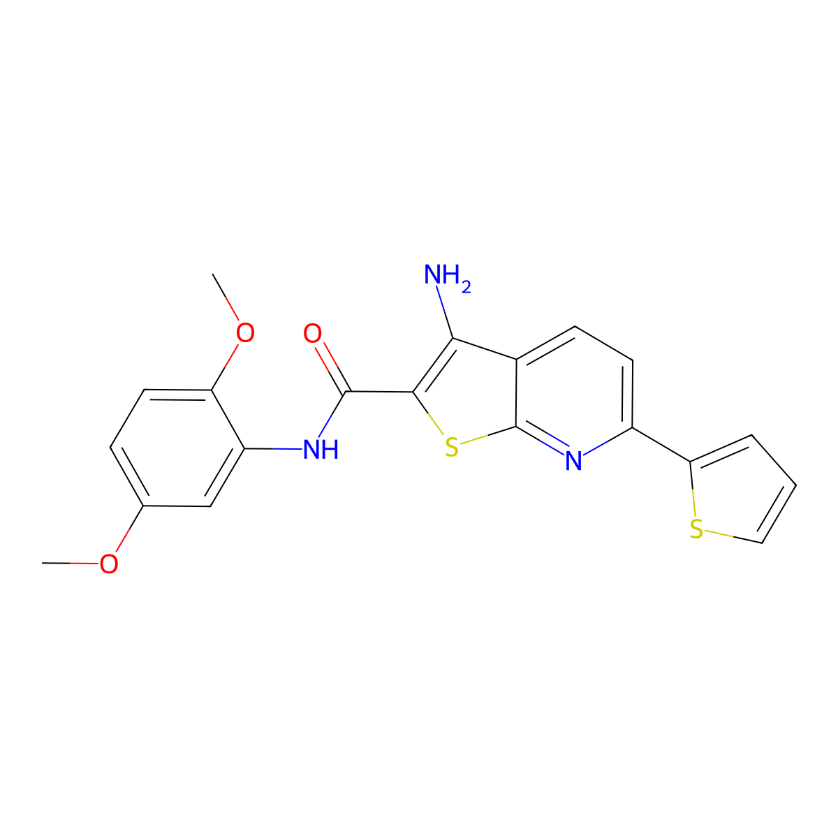 3-amino-N-(2,5-dimethoxyphenyl)-6-thiophen-2-ylthieno[2,3-b]pyridine-2-carboxamide molecular structure, CAS 445266-85-3