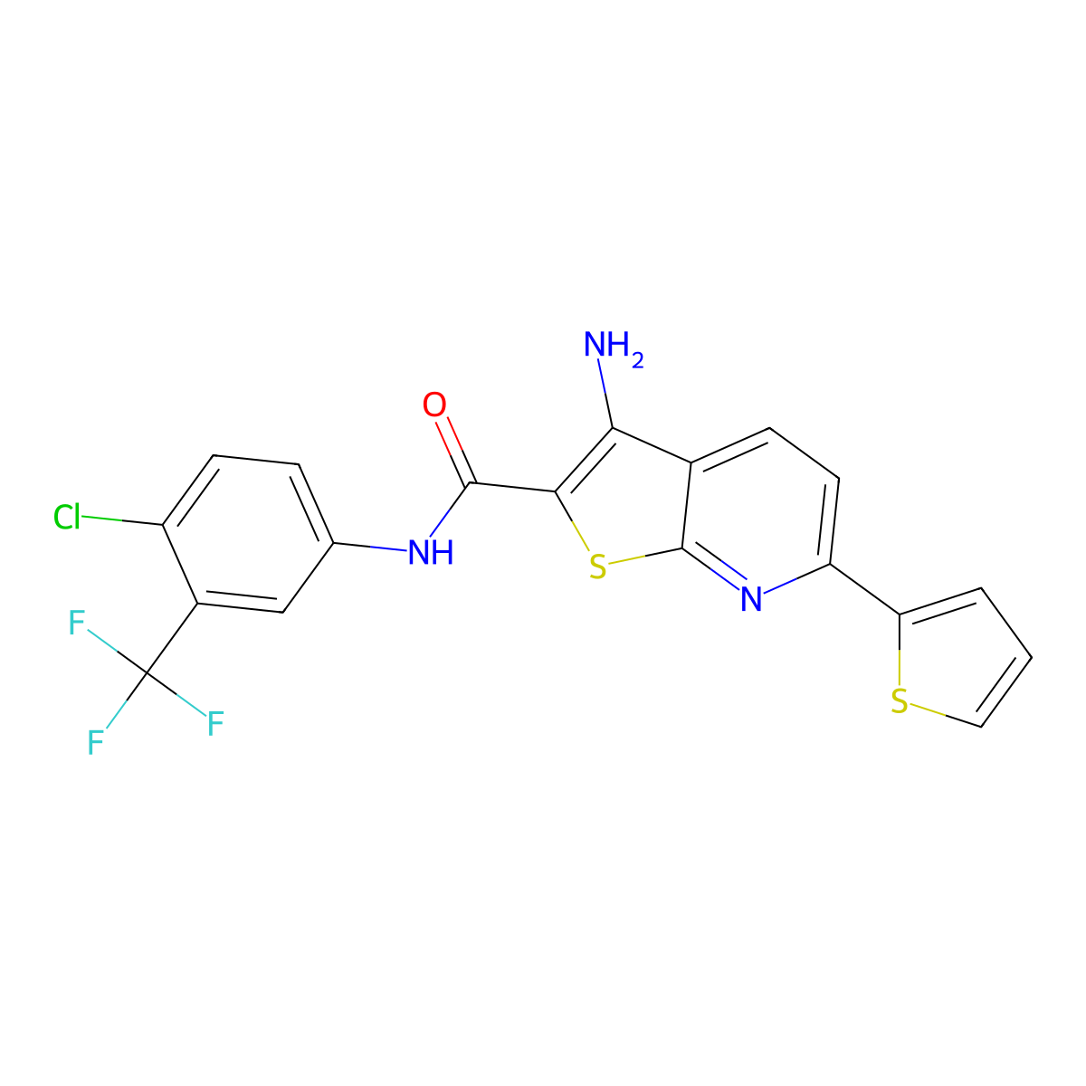 3-amino-N-[4-chloro-3-(trifluoromethyl)phenyl]-6-(2-thienyl)thieno[2,3-b]pyridine-2-carboxamide molecular structure, CAS 445266-96-6