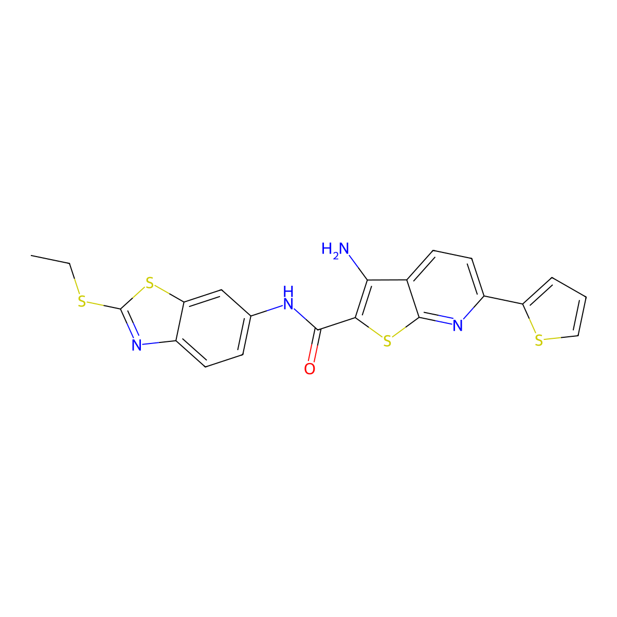 3-amino-N-(2-ethylsulfanyl-1,3-benzothiazol-6-yl)-6-thiophen-2-ylthieno[2,3-b]pyridine-2-carboxamide molecular structure, CAS 445267-03-8