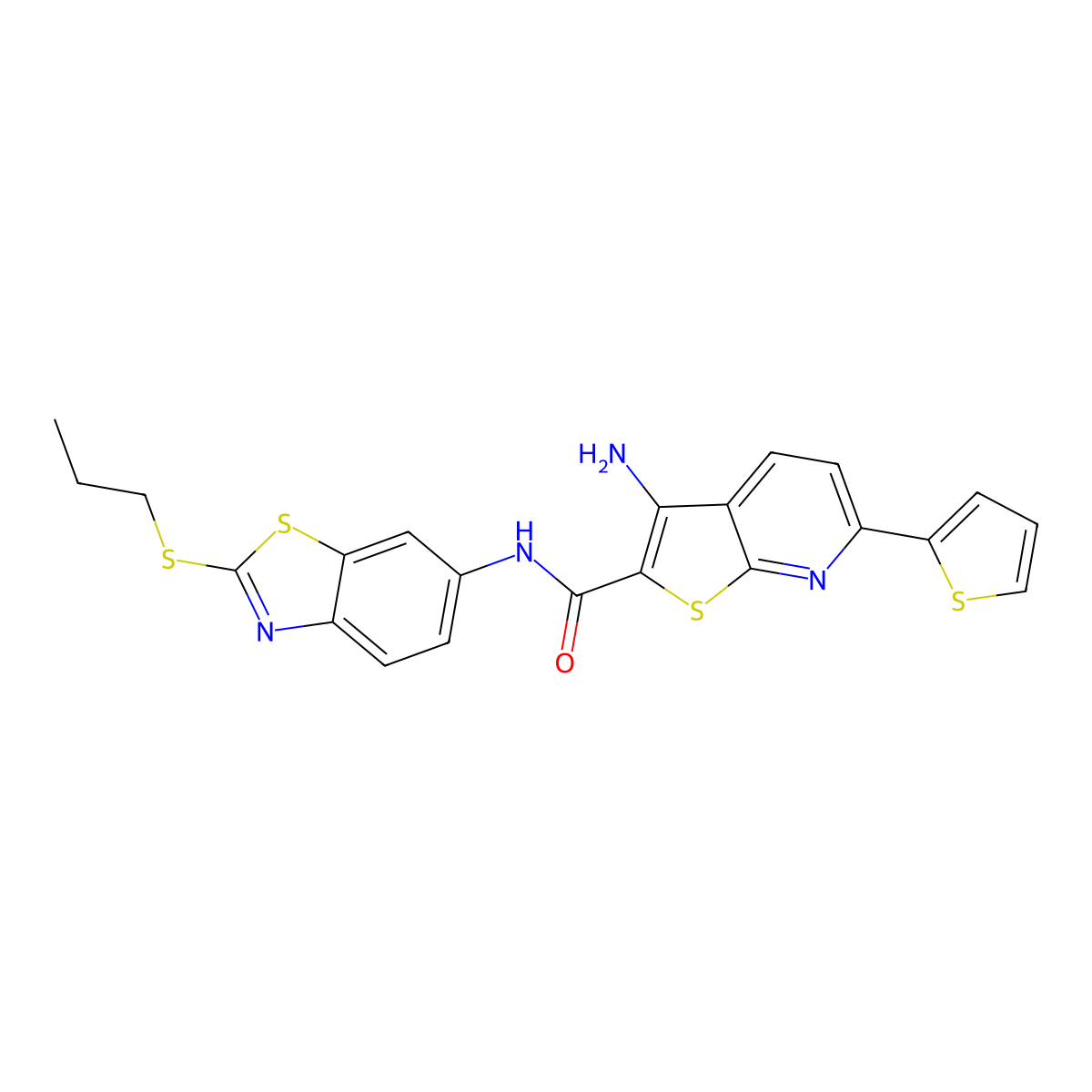 3-amino-N-(2-propylsulfanyl-1,3-benzothiazol-6-yl)-6-thiophen-2-ylthieno[2,3-b]pyridine-2-carboxamide molecular structure, CAS 445267-04-9