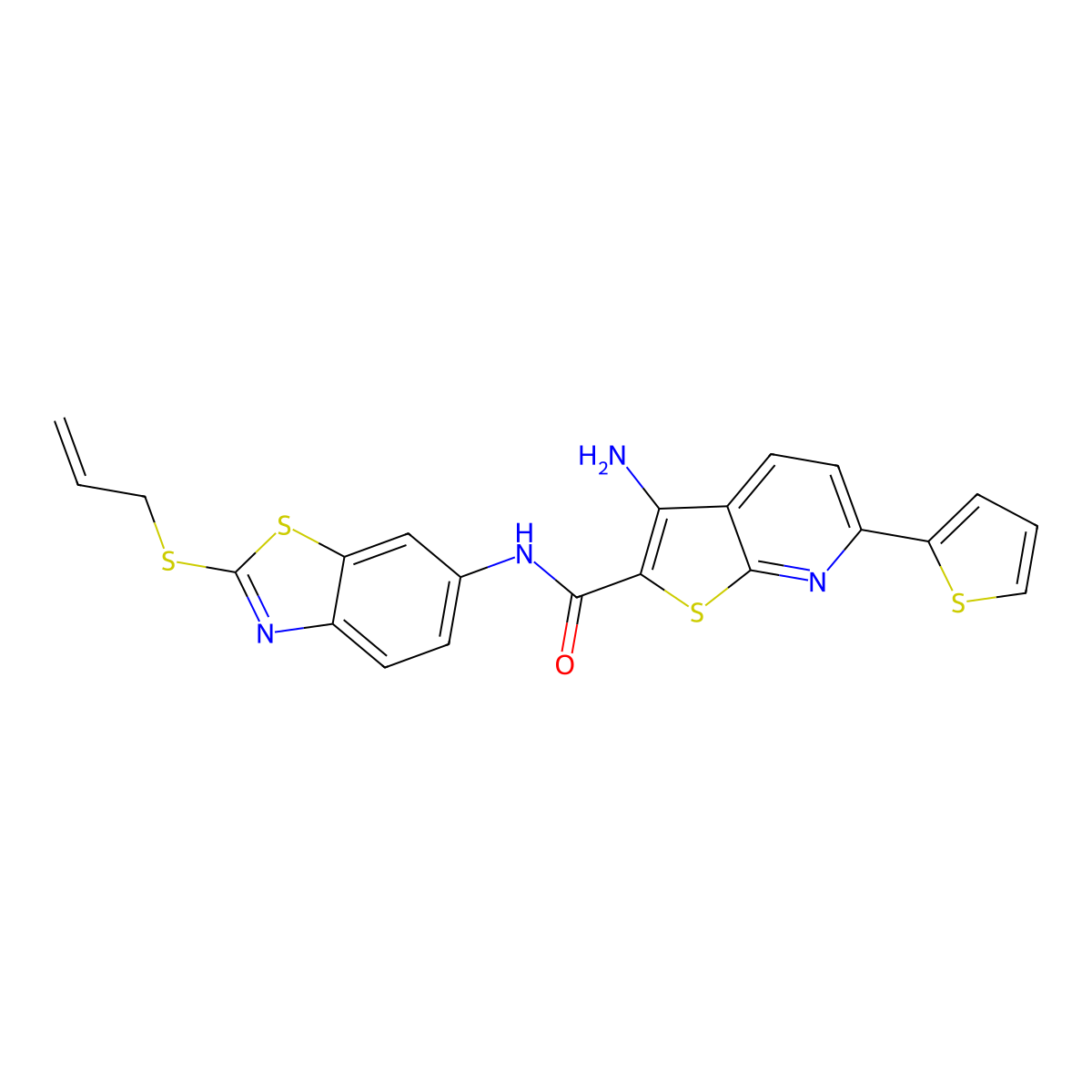 3-amino-N-(2-prop-2-enylsulfanyl-1,3-benzothiazol-6-yl)-6-thiophen-2-ylthieno[2,3-b]pyridine-2-carboxamide molecular structure, CAS 445267-05-0