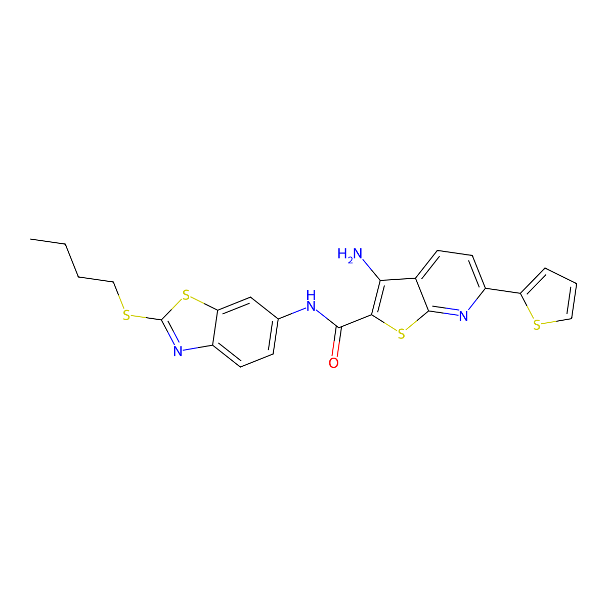 3-amino-N-(2-butylsulfanyl-1,3-benzothiazol-6-yl)-6-thiophen-2-ylthieno[2,3-b]pyridine-2-carboxamide molecular structure, CAS 445267-06-1